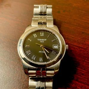 Stainless steel Tissot PR-50 mens wristwatch with sapphire crystal.